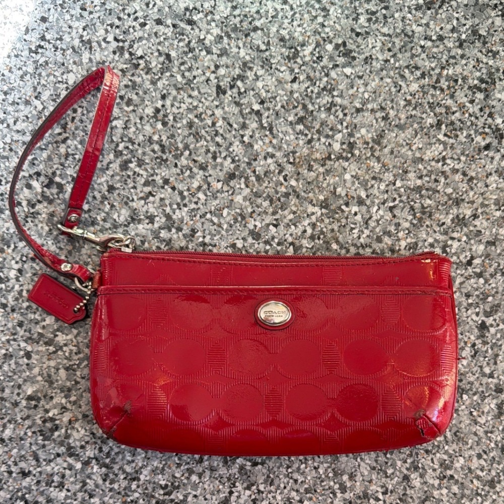 Coach Red Glossy Signature C Patent Leather Wristlet F52078